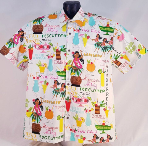 Tropical Tiki Drinks Hawaiian Shirt- Made in USA- Cotton